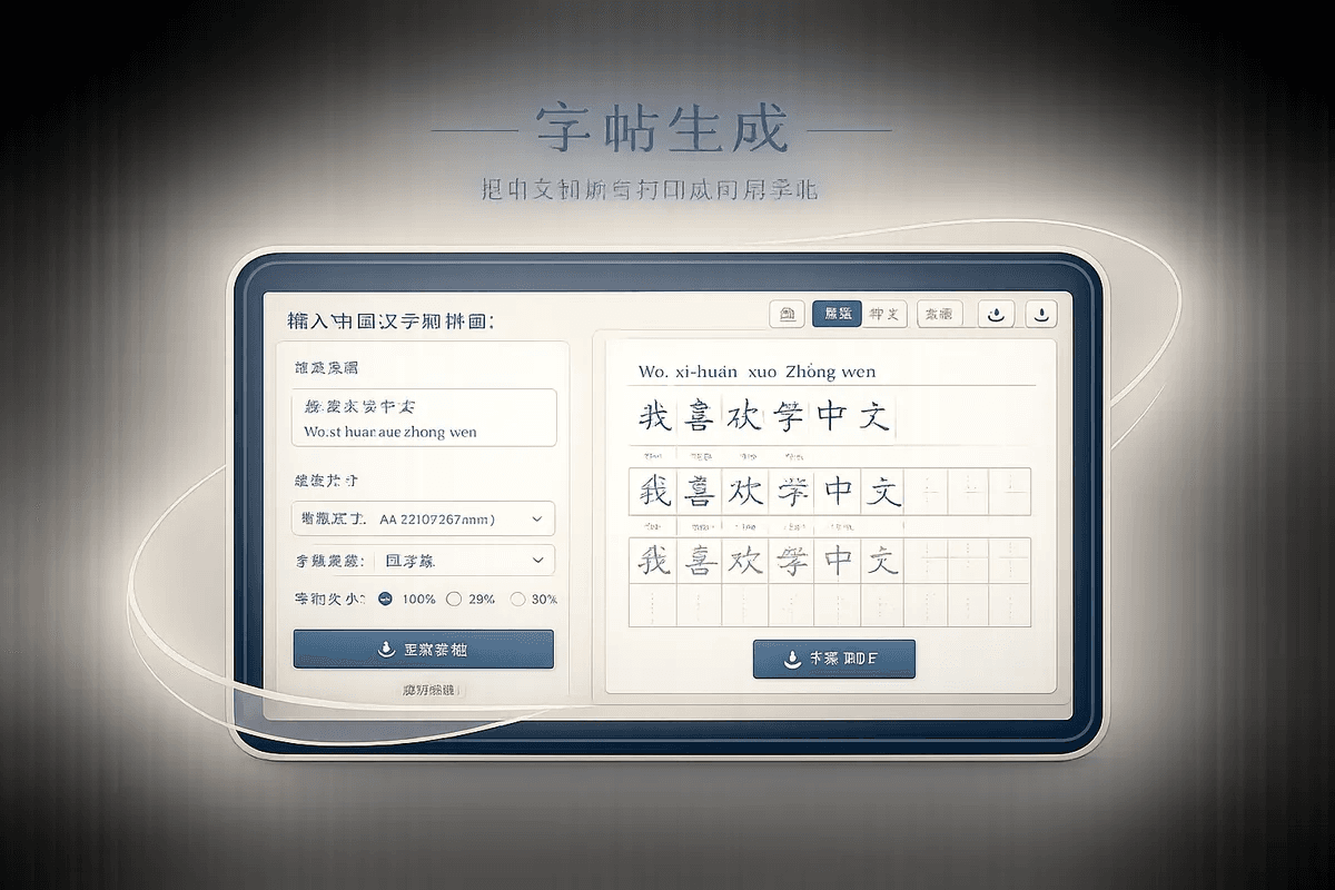汉字字帖生成功能展示：中文、拼音与练习格排版