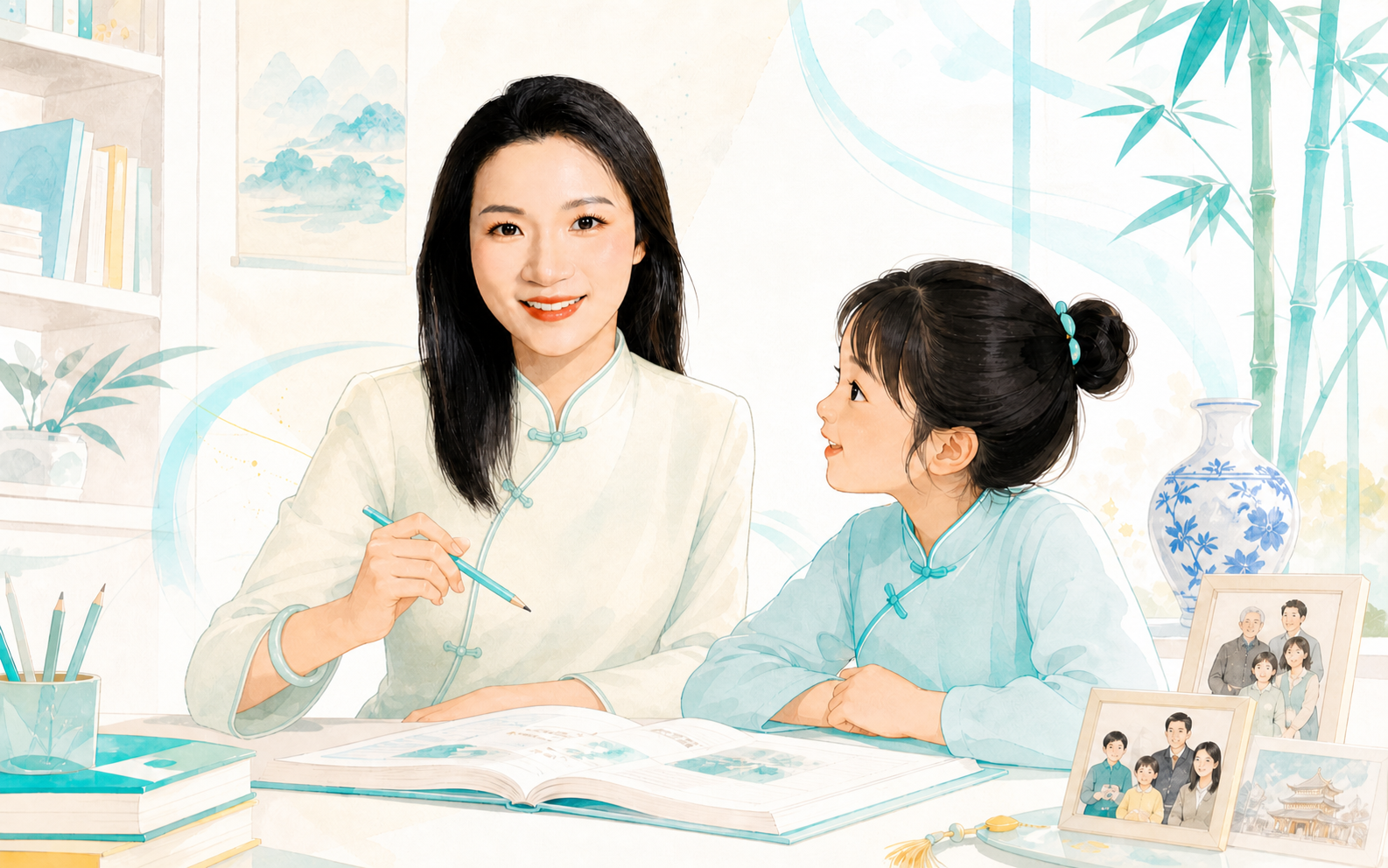 Anny teaching Heritage Chinese in a modern Chinese-inspired outfit
